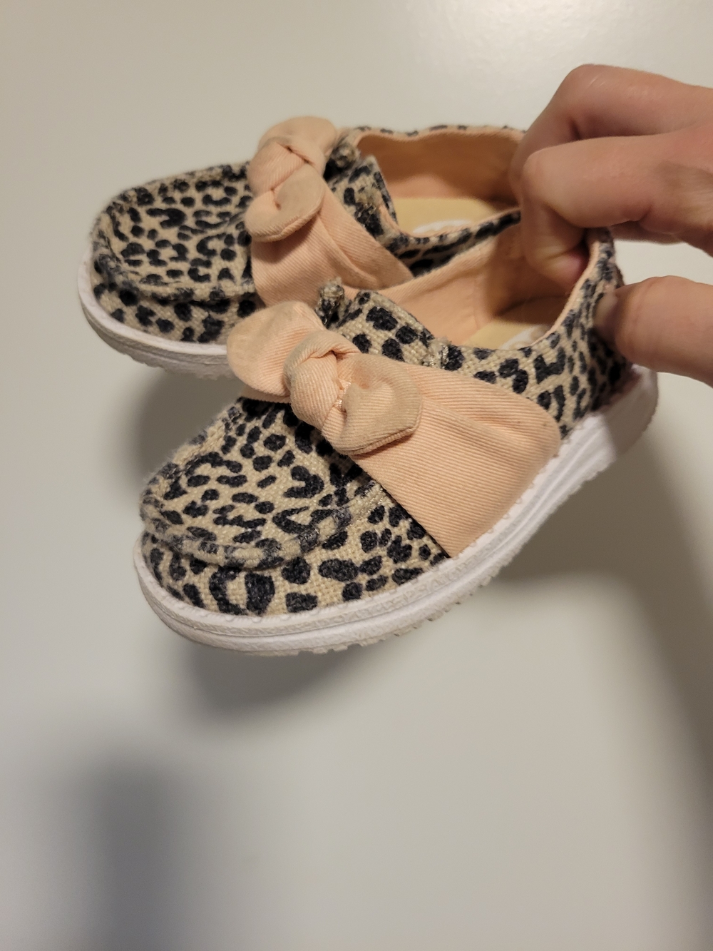 Hey Dude Girls Leopard Print Slip-On Sneakers with Peach Bow